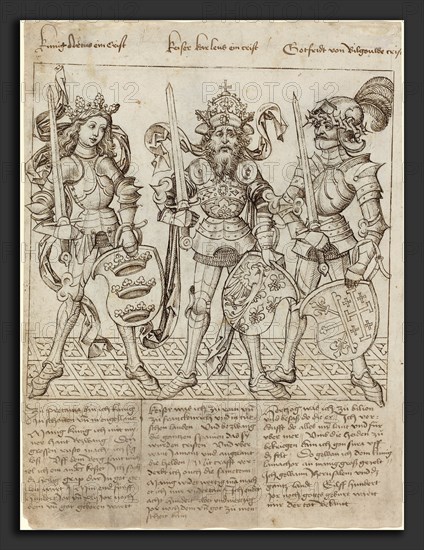 Primary Master of the Strassburg Chronicle (German, active 1480s and 1490s), King Arthur, Charlemagne and Godfrey of Boulogne, 1492, pen and black ink over traces of black chalk