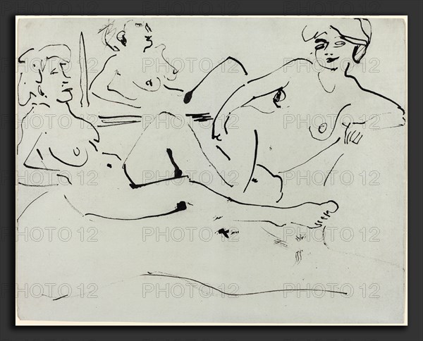 Ernst Ludwig Kirchner, Dodo and an Older Woman Reclining before a Mirror, German, 1880 - 1938, 1909, pen and black ink on heavy gray-green paper
