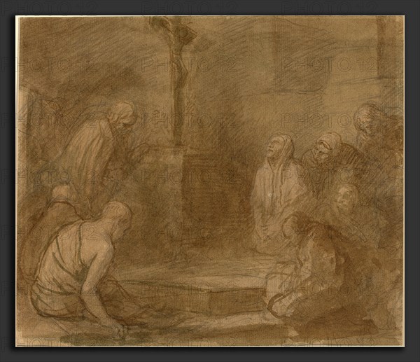 Alphonse Legros, At the Foot of the Cross, French, 1837 - 1911, pen and brown ink with brown wash over graphite on laid paper