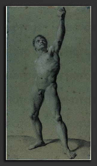 Pierre Paul Prud'hon (French, 1758 - 1823), Male Nude Study, charcoal heightened with white chalk on blue paper
