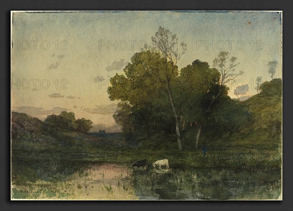 Henri-Joseph Harpignies (French, 1819 - 1916), Evening Light on a Wooded Lakeside with Cattle Drinking, 1882, watercolor over graphite, with touches of white heightening on laid paper