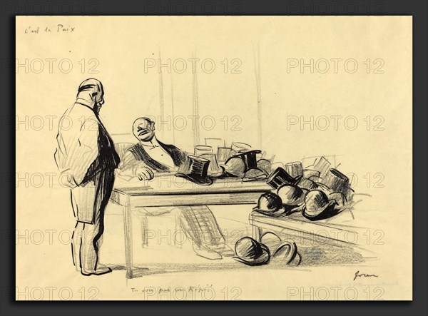 Jean-Louis Forain, C'est la Paix.  Tu vois pas un kepi!, French, 1852 - 1931, c. 1919, brush and black ink over black crayon