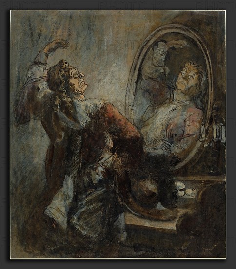 Honoré Daumier (French, 1808 - 1879), Actor Posing in Front of a Mirror, pen and black ink with crayon and watercolor on heavy laid paper