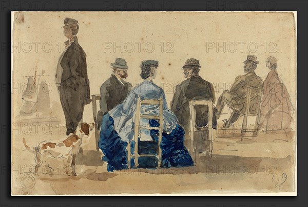 EugÃ¨ne Boudin (French, 1824 - 1898), Ladies and Gentlemen Seated on the Beach with a Dog, 1866, watercolor over graphite