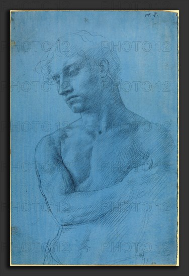 Alphonse Legros, Bust of Nude Man, French, 1837 - 1911, metalpoint on blue prepared paper