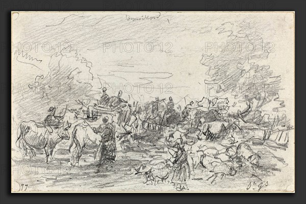 EugÃ¨ne Boudin (French, 1824 - 1898), Herds Crossing a Stream, 1877, graphite on wove paper