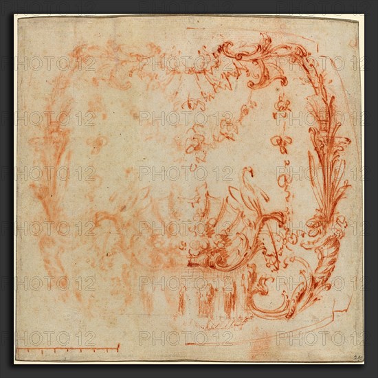 Jean-Baptiste Joseph Pater (French, 1695 - 1736), Rococo Wall Design with a Fountain and Swans, c. 1729, red chalk and red chalk counterproof on 2 joined sheets of laid paper