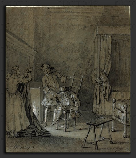 Jean-Baptiste Oudry (French, 1686 - 1755), Ragotin enivré par La Rancune, 1726-1727, black and white chalk heightened with white and with touches of brush and black ink on blue laid paper