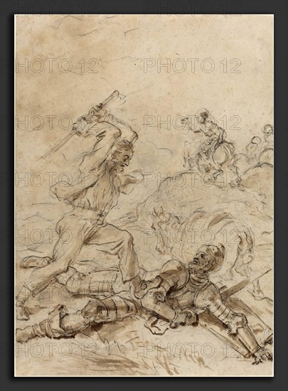 Jean-Honoré Fragonard (French, 1732 - 1806), The Muleteer Attacking Don Quixote as He Lies Helpless on the Ground, 1780s, brush with brown and gray washes over black chalk on laid paper