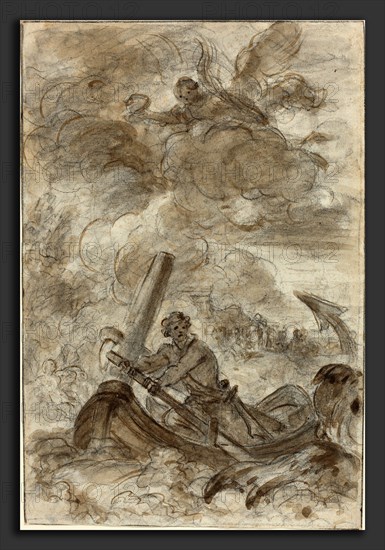 Jean-Honoré Fragonard (French, 1732 - 1806), Orlando Kills the Orc with an Anchor, black chalk with brown wash on laid paper