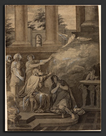 Jean-Jacques-FranÃ§ois Le Barbier I (French, 1738 - 1826), Pallas Athene in the Form of a Bird Leaving Nestor and Telemachus, c. 1780, pen and black ink with gray and brown washes over graphite
