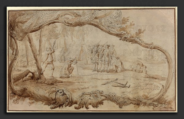 Hubert François Gravelot (French, 1699 - 1773), The Landing of the Dutch Expedition Party in New York, pen and brown and black ink with brown wash on laid paper