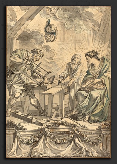 Charles Eisen (French, 1720 - 1778), The Holy Family in the Carpenter's Shop, c. 1755, pen and gray ink with gray wash, watercolor, white gouache, and touches of brown ink on laid paper