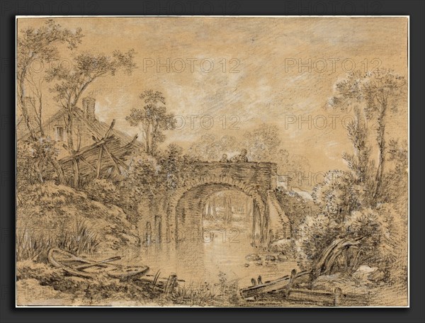FranÃ§ois Boucher (French, 1703 - 1770), Landscape with a Rustic Bridge, c. 1740, black chalk heightened with white on cream laid paper