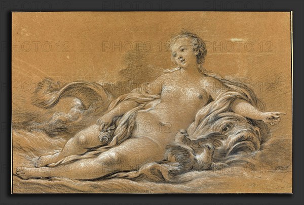 FranÃ§ois Boucher (French, 1703 - 1770), Venus Reclining on a Dolphin, c. 1745, black chalk heightened with white on brown laid paper