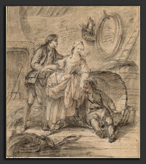 Attributed to Pierre-Antoine Baudouin (French, 1723 - 1769), The Tale of the Cooper's Wife, 1767, black, white, and red chalks with stumping on laid paper