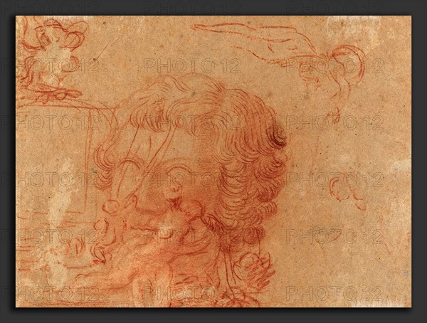 Antoine Watteau (French, 1684 - 1721), Figure Sketches and a Copy After a Sculpted Head, c. 1715-1716, red chalk on brown laid paper, the sculpted head likely not by Watteau