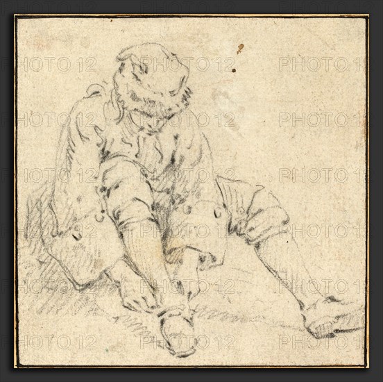 Attributed to Jean-Baptiste Le Prince (French, 1734 - 1781), Man Pulling on His Shoe, 1761-1763?, black chalk on laid paper, laid down on mount