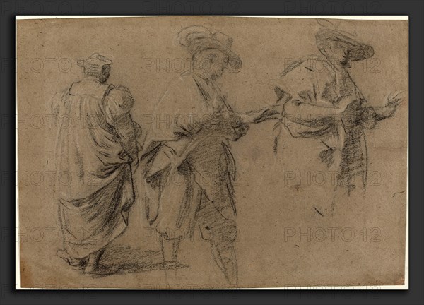 Attributed to Eustache Le Sueur (French, 1617 - 1655), A Judge and Two Gentlemen Lawyers, black chalk heightened with white on tan laid paper