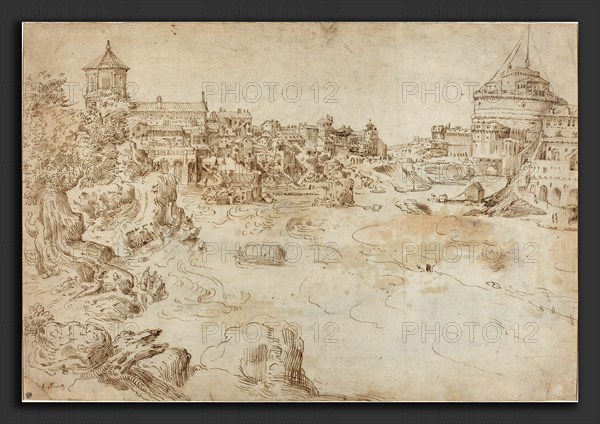 Attributed to Ãâtienne Dupérac (French, c. 1525 - 1601-1604), View of the Castle Sant'Angelo and the Ospedale di Santo Spirito [recto], c. 1552-1566, pen and brown ink on laid paper