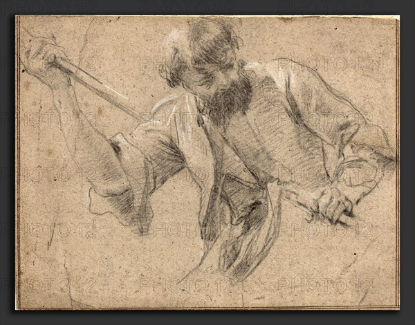 Attributed to Simon Vouet (French, 1590 - 1649), A Bearded Man with a Staff, black chalk and graphite, heightened with white on tan laid paper