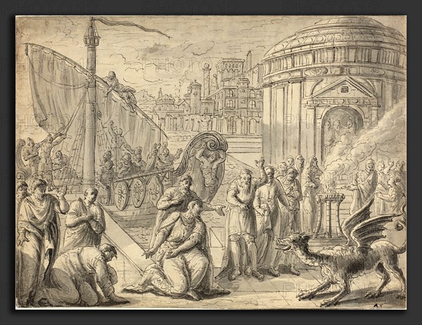 FranÃ§ois Boitard (French, c. 1670 - c. 1715), The Arrival of Aesculapius in Rome, c. 1700, pen and black ink and gray wash over graphite on laid paper