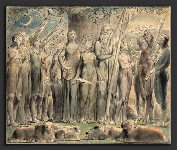 William Blake (British, 1757 - 1827), Job and His Family Restored to Prosperity, 1821, pen and ink with watercolor over graphite