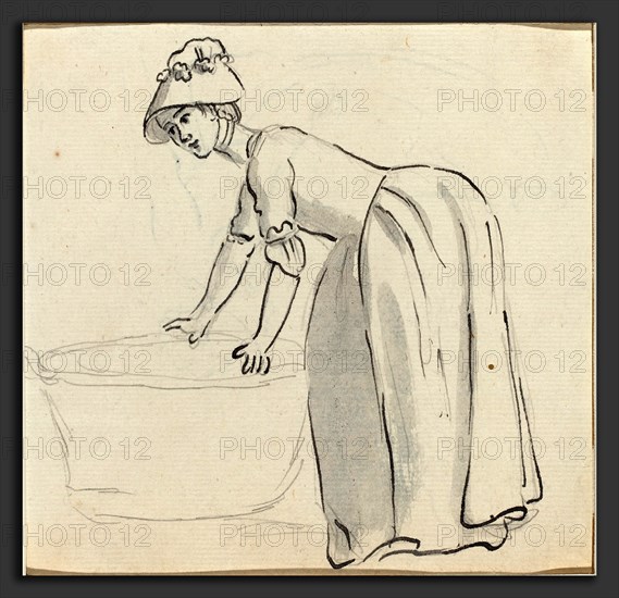 Paul Sandby (British, 1731 - 1809), Girl with a Bonnet at Work [recto], pen and black ink with gray wash over graphite on laid paper