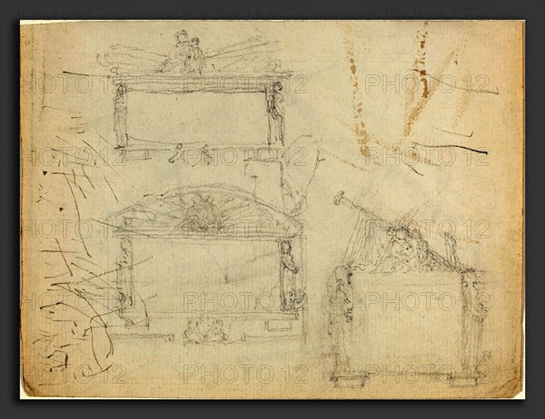 John Flaxman (British, 1755 - 1826), Designs for Monuments [recto and verso], graphite; compositionally unrelated ink and wash, recto and verso