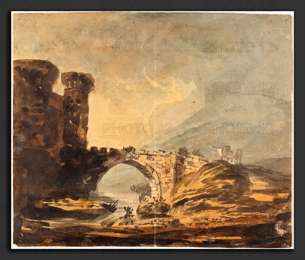 William Payne (British, c. 1760 - 1830), Landscape with a Castle and Bridge, watercolor (with gum arabic coating) over graphite on wove paper