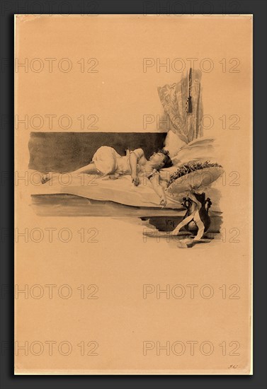 Karel Vitezslav Masek, Illustration for "Jestrab Kontra Hrdlicka, XXII" (Girl asleep on a bed), Czech, 1865 - 1927, c. 1890, pen and black ink with watercolor on board