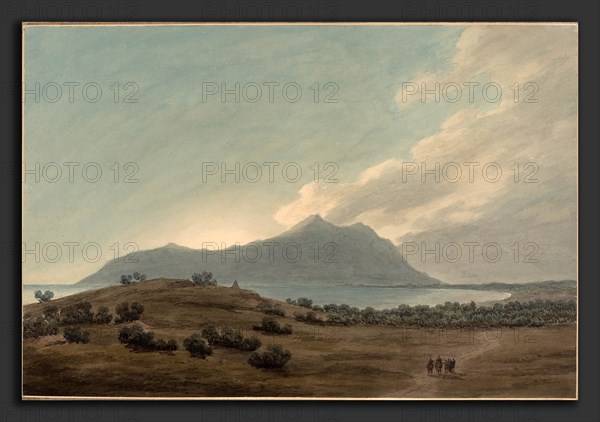 John Robert Cozens (British, 1752 - 1799), Monte Circeo at Sunset, 1780s, watercolor on paper; laid down on original presentation mount