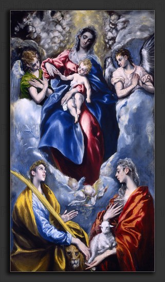 El Greco (Domenikos Theotokopoulos) (Greek, 1541 - 1614), Madonna and Child with Saint Martina and Saint Agnes, 1597-1599, oil on canvas, wooden strip added at bottom