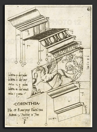 Master PS (Italian (?), active 1535-1537), Entablature from the Temple of Antoninus and Faustina, Rome, 1537, engraving
