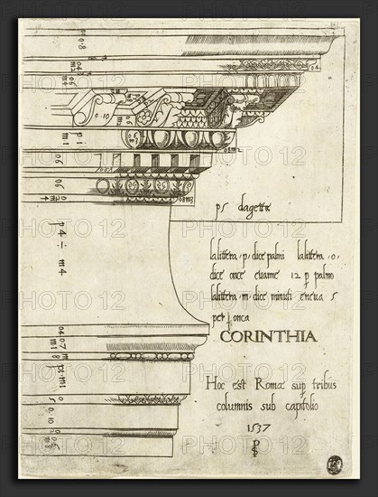 Master PS (Italian (?), active 1535-1537), Entablature from the Temple of Castor and Pollux, Rome, 1537, engraving