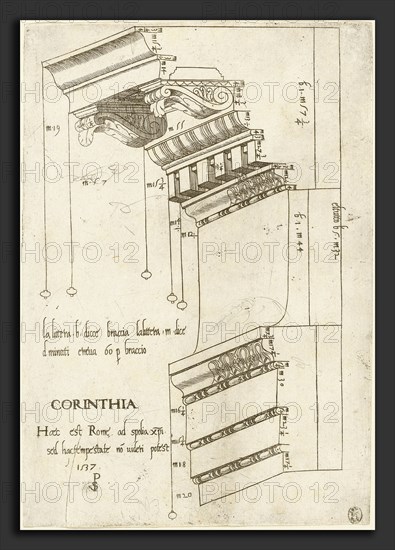 Master PS (Italian (?), active 1535-1537), Entablature from the Basilica Ulpia, Rome, 1537, engraving