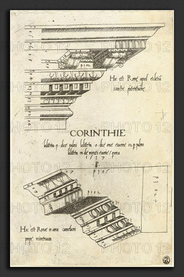 Master PS (Italian (?), active 1535-1537), Entablatures from Santa Pudenziana and the Arch of Camigliano, Rome, 1537, engraving