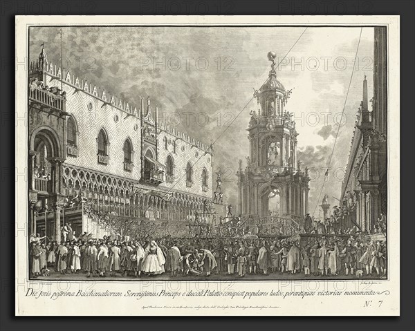 Giovanni Battista Brustolon after Canaletto (Italian, 1712 - 1796), The Doge Attends the Giovedi Grasso Festival in the Piazzetta, 1763-1766, etching and engraving on laid paper