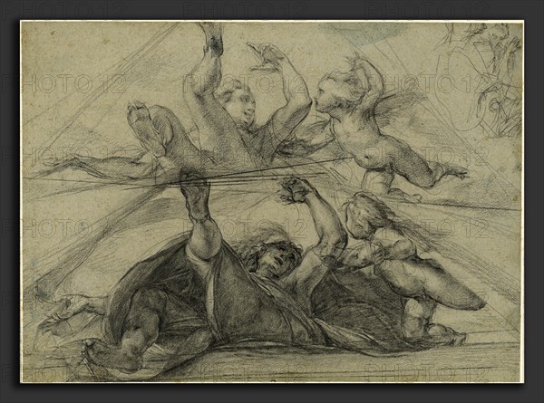 Giulio Cesare Procaccini (Italian, 1574 - 1625), Ceiling Studies of a Prophet and a Putto Seen from Below, c. 1602, oiled black chalk or charcoal, heightened with white chalk on blue-green paper