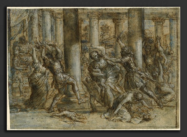 Giovanni Francesco Romanelli (Italian, 1612 - 1662), The Massacre of the Innocents, early 1630s, pen and brown ink with brown and blue wash over black chalk, heightened with white gouache, on laid paper