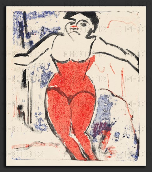 Ernst Ludwig Kirchner, Performer Bowing (Beifallheischende Artistin), German, 1880 - 1938, 1909, lithograph in red, black, and blue on wove paper
