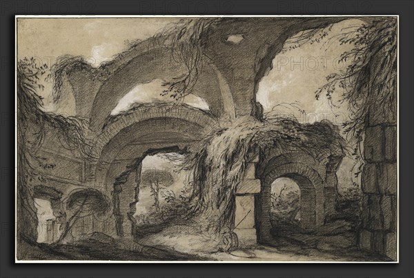 Charles Michel-Ange Challe, Arches of the Larger Baths at Hadrian's Villa, French, 1718 - 1778, c. 1748, black chalk and white chalk with stumping on light brown laid paper, with later framing line in brown ink