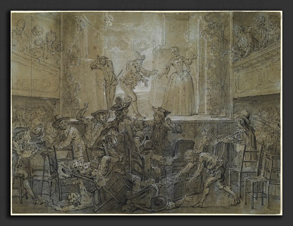 Jean-Baptiste Oudry, The Scene with the Tall BaguenodiÃ¨re, French, 1686 - 1755, 1726-1727, black chalk heightened with white chalk on blue laid paper, partially faded to brown