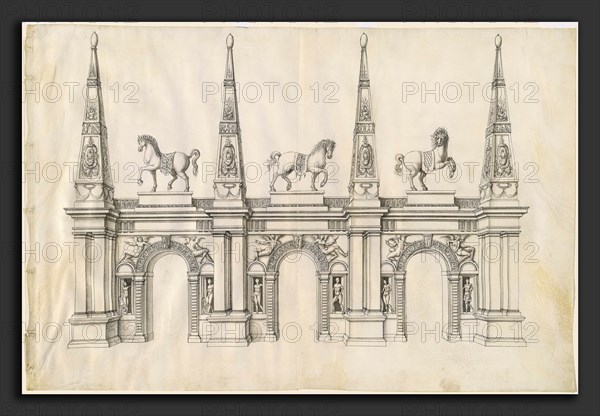 Jacques Androuet Ducerceau I, A Triumphal Arch with Caparisoned Horses and Ornamented Pinnacles, French, 1520 - 1585-1586, c. 1570, pen and black ink  with gray wash over traces of graphite on vellum