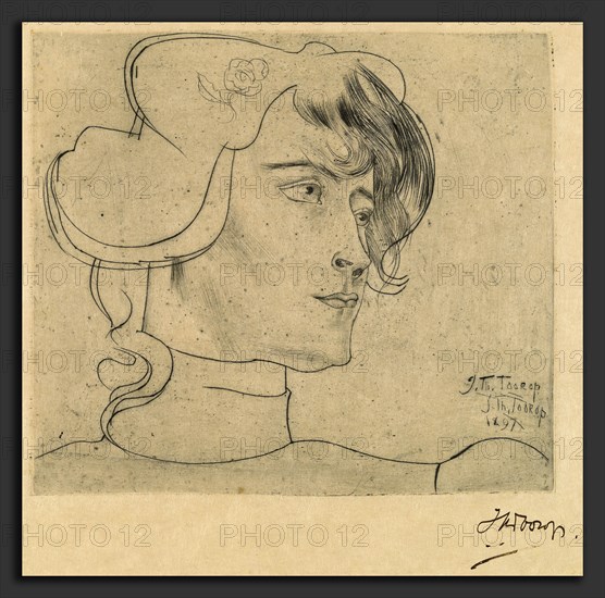 Jan Toorop, Head of a Woman (Marguérite Adolphine Helfrich), Dutch, 1858 - 1928, 1897, drypoint on wove paper