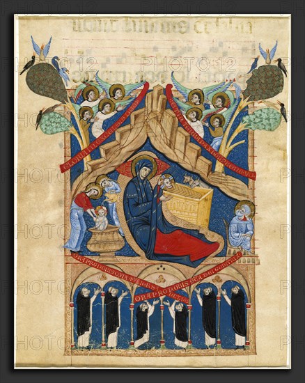 Master of Imola (Italian, active 1265 - 1280), The Nativity with Six Dominican Monks, 1265-1274, miniature on vellum