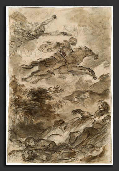 Jean-Honoré Fragonard, Rinaldo, Astride Baiardo, Flies Off in Pursuit of Angelica, French, 1732 - 1806, c. 1795, black chalk with brown wash and touches of pen andbrown ink on laid paper