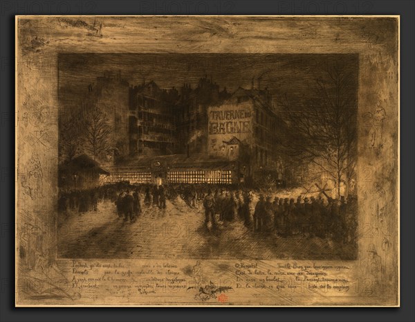 Félix-Hilaire Buhot, La Place des Martyrs et la Taverne du Bagne, French, 1847 - 1898, 1885, etching, aquatint, lift-ground aquatint, drypoint, roulette, and burnishing in brown-black on turpentine soaked paper