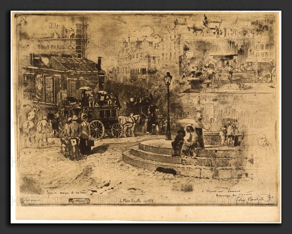 Félix-Hilaire Buhot, La Place Pigalle en 1878 (Place Pigalle in 1878), French, 1847 - 1898, 1878, etching, aquatint, drypoint, and roulette with burnishing on turpentine soaked japan paper