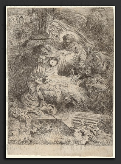 Giovanni Benedetto Castiglione, The Nativity with God the Father and the Holy Spirit, Italian, 1609 or before - 1664, c. 1645, etching on laid paper
